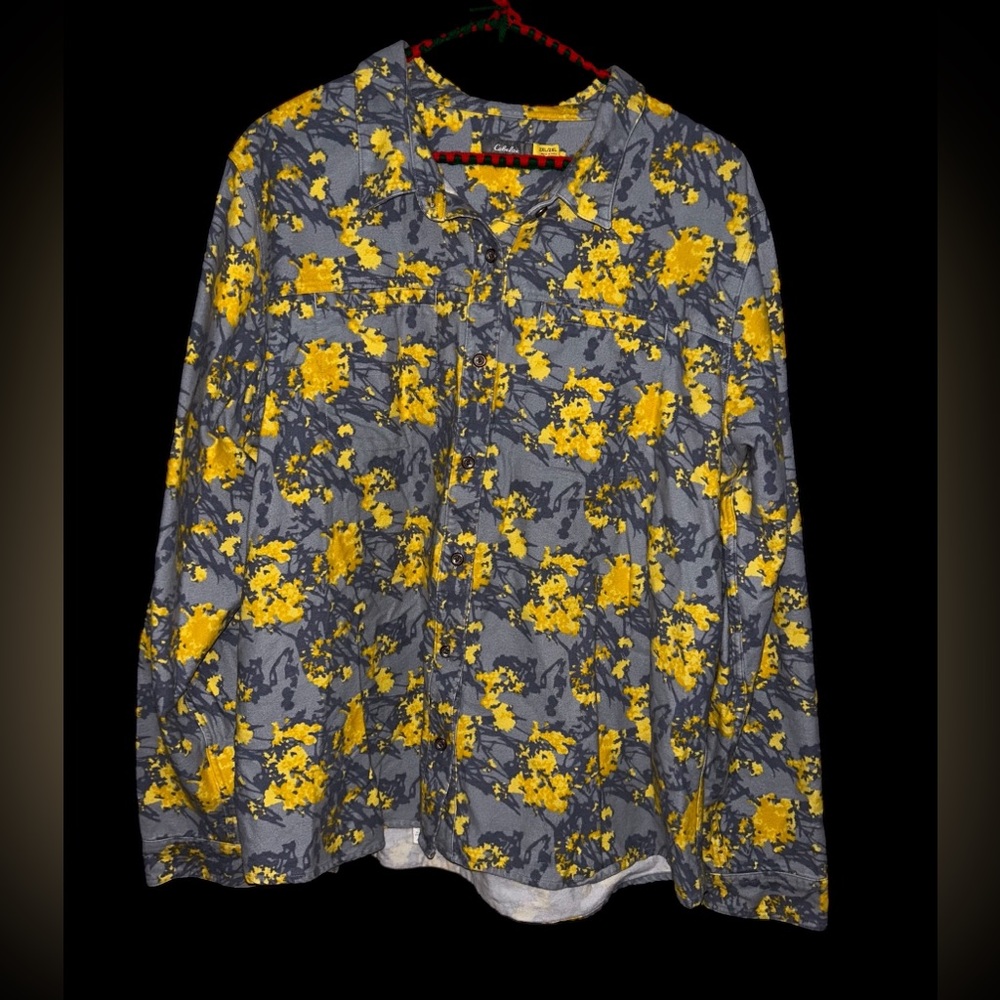 Cabela's Women's Cotton Flannel Shirt Button Down Yellow Gray Floral, Size XXL.